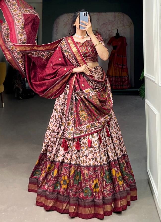 Tussar Silk Maroon Traditional Wear Floral Print Lehenga Choli